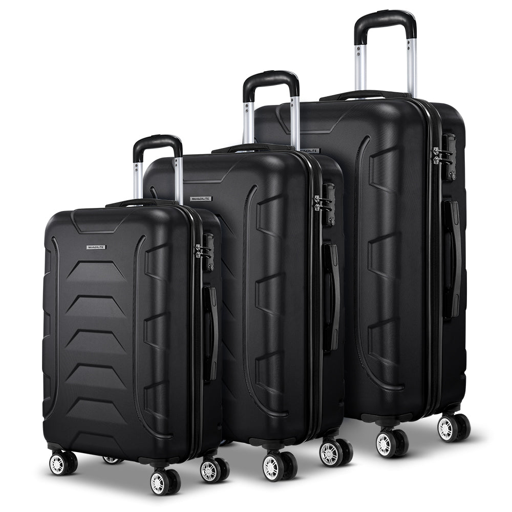 Wanderlite 3pc 20 24" 28"Luggage Suitcase Travel Hardcase Trolley TSA Lock Black"