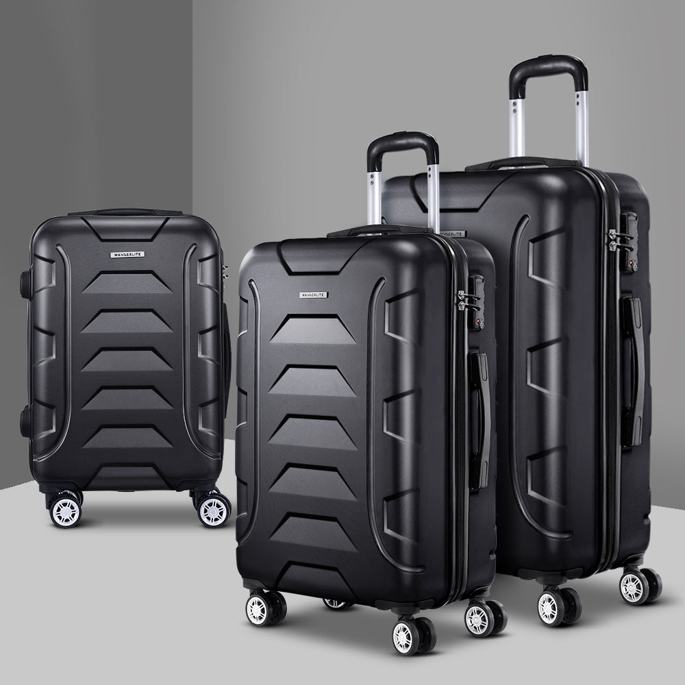 Wanderlite 3pc 20 24" 28"Luggage Suitcase Travel Hardcase Trolley TSA Lock Black"