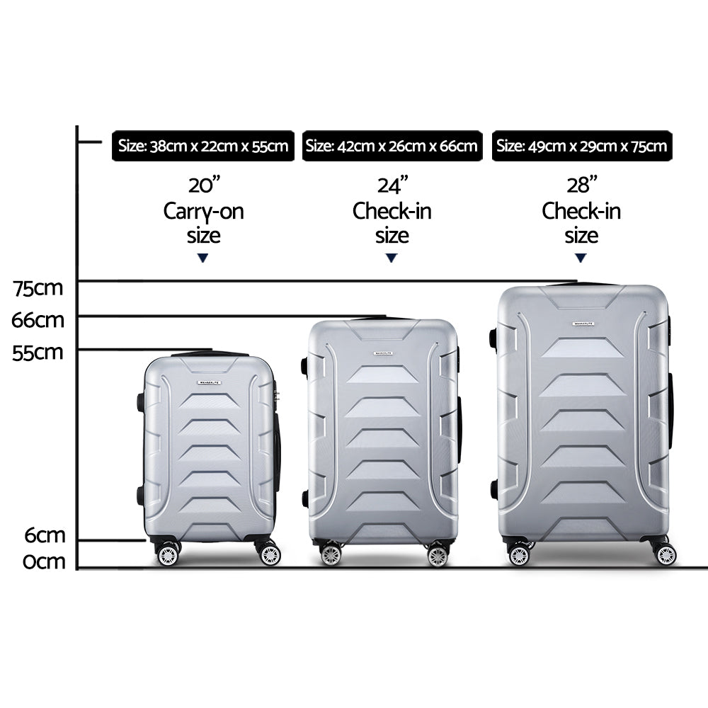 Wanderlite 3pc 20 24" 28"Luggage Suitcase Travel Hardcase Trolley TSA Lock Silver"